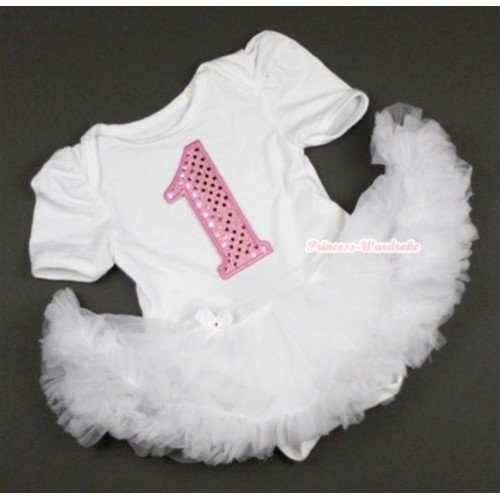 White Baby Jumpsuit White Pettiskirt with 1st Sparkle Light Pink Birthday Number Print JS354 