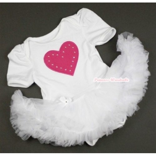 White Baby Jumpsuit White Pettiskirt with Hot Pink Heart Print JS355 