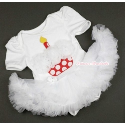 White Baby Jumpsuit White Pettiskirt with White Rosettes Minnie Dots Birthday Cake Print JS358 