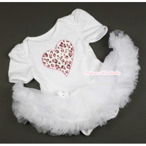 White Baby Jumpsuit White Pettiskirt with Light Pink Leopard Heart Print JS362 