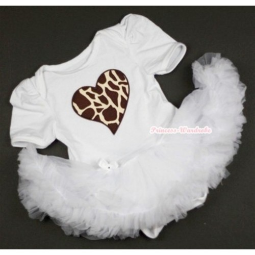 White Baby Jumpsuit White Pettiskirt with Brown Giraffe Heart Print JS363 