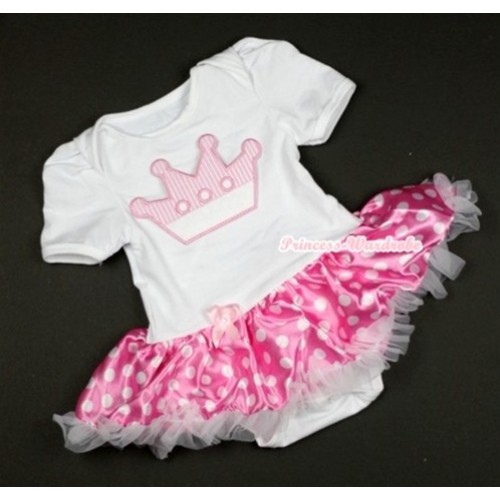 White Baby Jumpsuit Hot Pink White Dots Pettiskirt with Crown Print JS365 