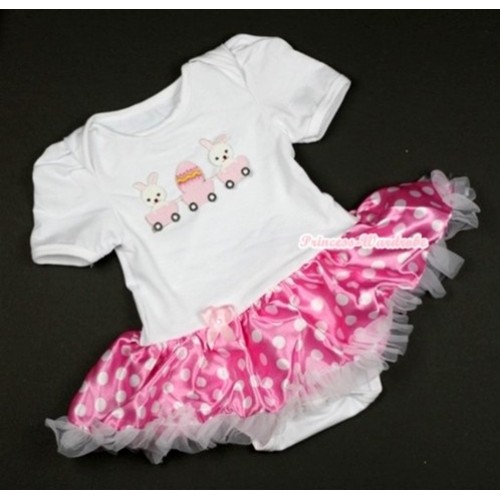 White Baby Jumpsuit Hot Pink White Dots Pettiskirt with Bunny Rabbit Egg Print JS366 