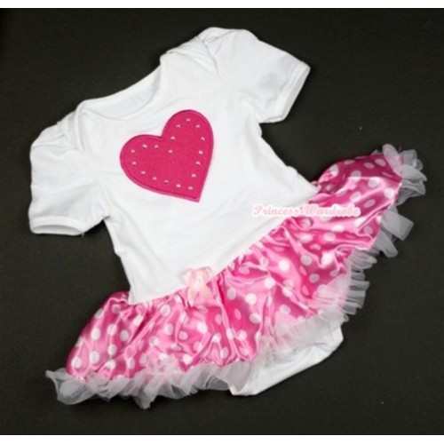 White Baby Jumpsuit Hot Pink White Dots Pettiskirt with Hot Pink Heart Print JS367 