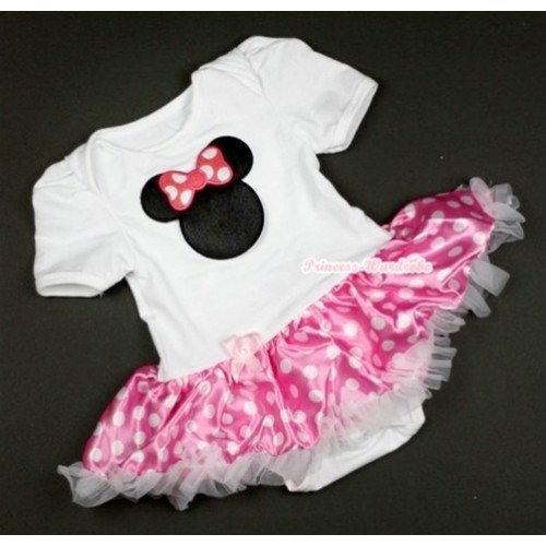 White Baby Jumpsuit Hot Pink White Dots Pettiskirt with Hot Pink Minnie Print JS368 