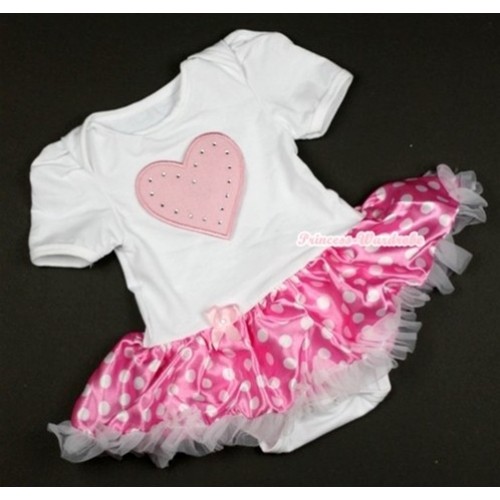 White Baby Jumpsuit Hot Pink White Dots Pettiskirt with Light Pink Heart Print JS369 