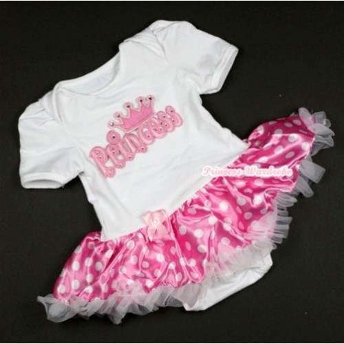 White Baby Jumpsuit Hot Pink White Dots Pettiskirt with Princess Print JS370 