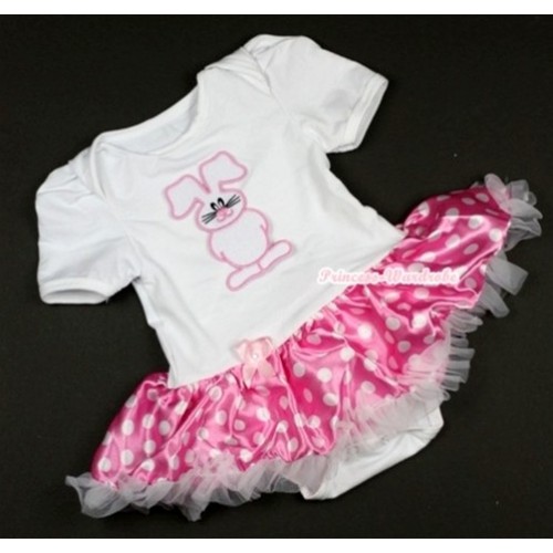 White Baby Jumpsuit Hot Pink White Dots Pettiskirt with Bunny Rabbit Print JS371 