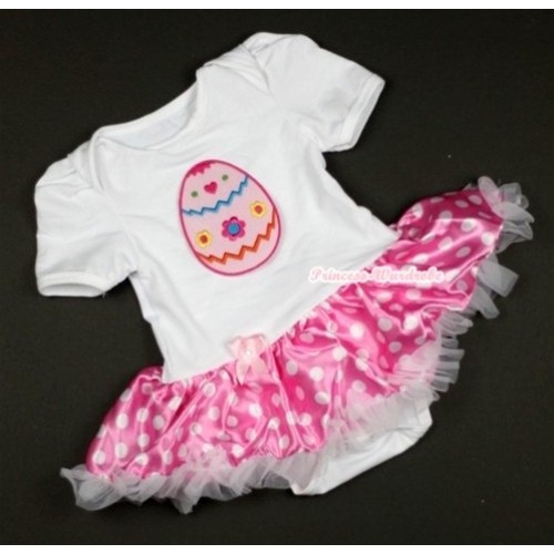 White Baby Jumpsuit Hot Pink White Dots Pettiskirt with Easter Egg Print JS372 