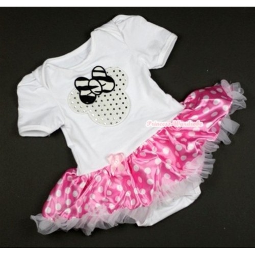 White Baby Jumpsuit Hot Pink White Dots Pettiskirt with Sparkle White Minnie Print JS373 