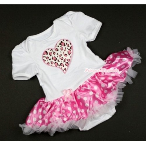 White Baby Jumpsuit Hot Pink White Dots Pettiskirt with Light Pink Leopard Heart Print JS374 