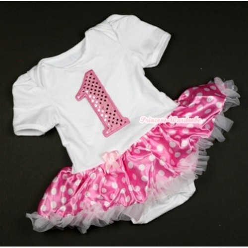 White Baby Jumpsuit Hot Pink White Dots Pettiskirt with 1st Sparkle Light Pink Birthday Number Print JS376 