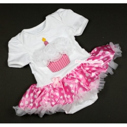 White Baby Jumpsuit Hot Pink White Dots Pettiskirt with White Rosettes Birthday Cake Print JS378 