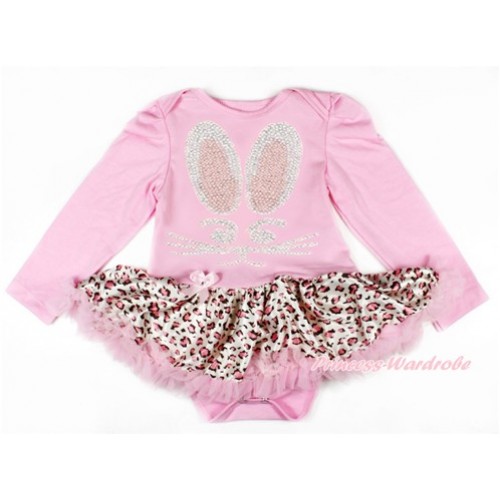 Easter Light Pink Long Sleeve Baby Bodysuit Jumpsuit Light Pink Leopard Pettiskirt With Sparkle Crystal Bling Rhinestone Bunny Rabbit Print JS3188 