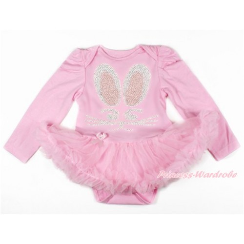 Easter Light Pink Long Sleeve Baby Bodysuit Jumpsuit Light Pink Pettiskirt With Sparkle Crystal Bling Rhinestone Bunny Rabbit Print JS3189 