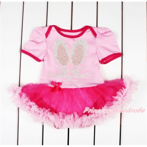 Easter Light Pink Baby Bodysuit Jumpsuit Hot Light Pink Pettiskirt with Sparkle Crystal Bling Rhinestone Bunny Rabbit Print JS3192 