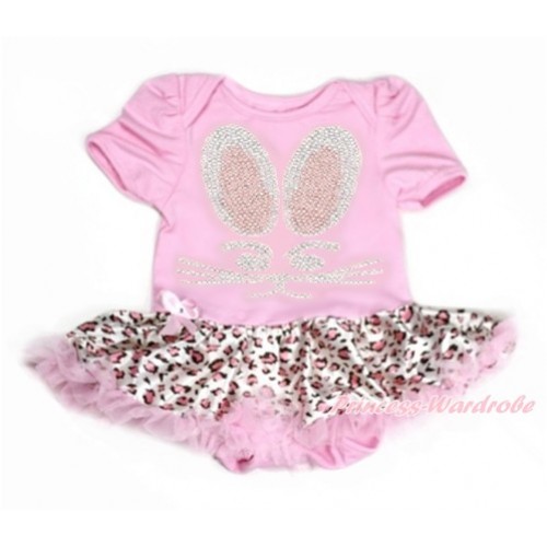 Easter Light Pink Baby Bodysuit Jumpsuit Light Pink Leopard Pettiskirt with Sparkle Crystal Bling Rhinestone Bunny Rabbit Print JS3193 