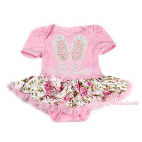 Easter Light Pink Baby Bodysuit Jumpsuit Light Pink Rose Fusion Pettiskirt with Sparkle Crystal Bling Rhinestone Bunny Rabbit Print JS3194 