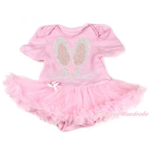 Easter Light Pink Baby Bodysuit Jumpsuit Light Pink Pettiskirt with Sparkle Crystal Bling Rhinestone Bunny Rabbit Print JS3195 