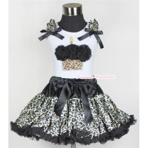 White Tank Top with Black Rosettes Leopard Birthday Cake Print with Leopard Ruffles & Black Bow & Black Leopard Pettiskirt MG559 