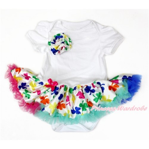 St Patrick's Day White Baby Bodysuit Jumpsuit Rainbow Clover Pettiskirt with One Rainbow Clover Rose JS3210 