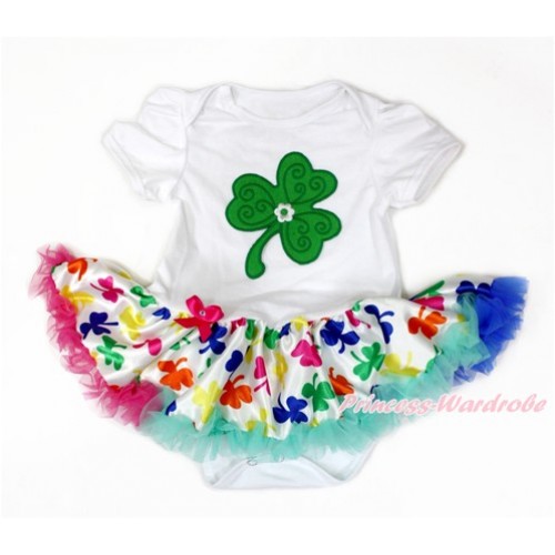 St Patrick's Day White Baby Jumpsuit Rainbow Clover Pettiskirt with Clover Print JS3211 