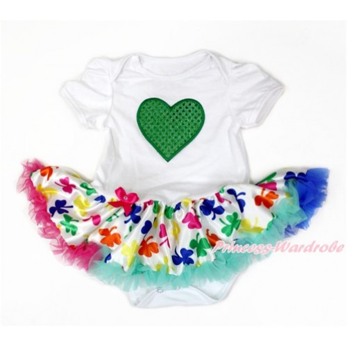 Valentine's Day White Baby Jumpsuit Rainbow Clover Pettiskirt with Sparkle Kelly Green Heart Print JS3212 