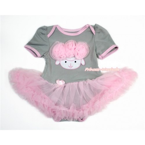 Easter Grey Baby Bodysuit Jumpsuit Light Pink Pettiskirt with Light Pink Rosettes Sheep Print JS3256 