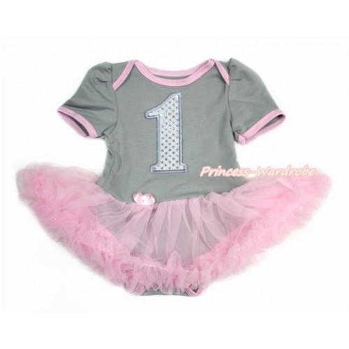 Grey Baby Bodysuit Jumpsuit Light Pink Pettiskirt with 1st Sparkle Grey Birthday Number Print JS3257 