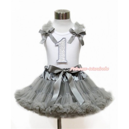 White Tank Top with Grey Ruffles & Grey Bow with 1st Sparkle White Birthday Number Print With Grey Pettiskirt MG1128 