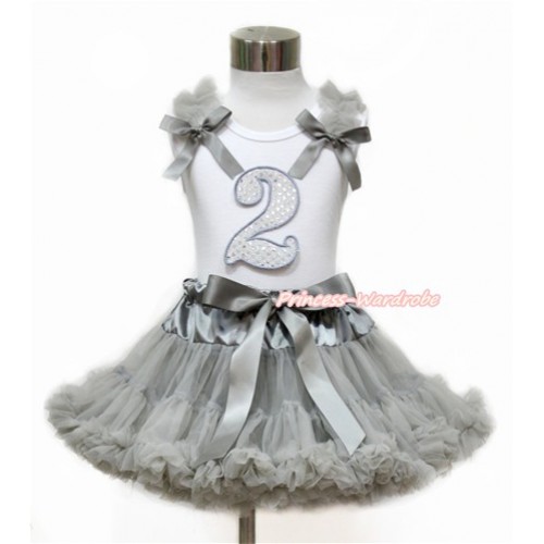 White Tank Top with Grey Ruffles & Grey Bow with 2nd Sparkle White Birthday Number Print With Grey Pettiskirt MG1129 