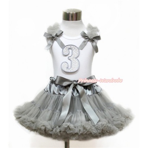 White Tank Top with Grey Ruffles & Grey Bow with 3rd Sparkle White Birthday Number Print With Grey Pettiskirt MG1130 