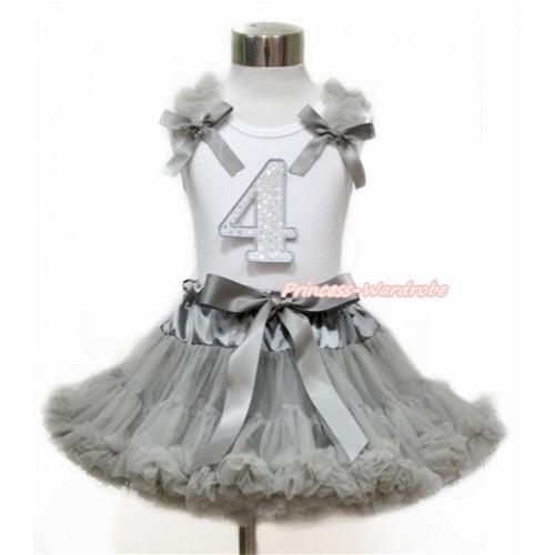 White Tank Top with Grey Ruffles & Grey Bow with 4th Sparkle White Birthday Number Print With Grey Pettiskirt MG1131 