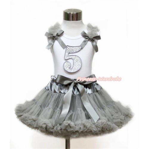 White Tank Top with Grey Ruffles & Grey Bow with 5th Sparkle White Birthday Number Print With Grey Pettiskirt MG1132 