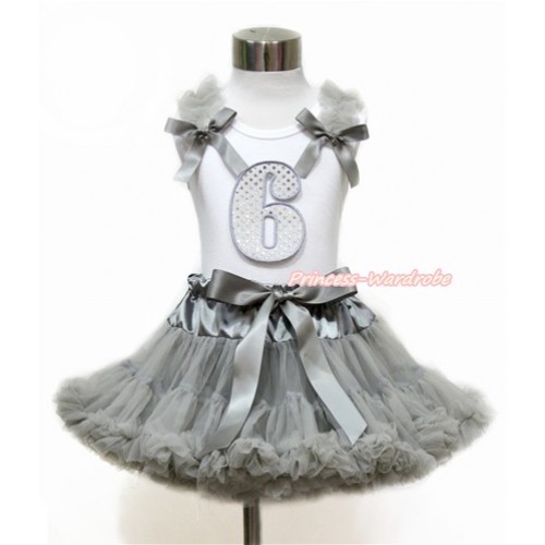 White Tank Top with Grey Ruffles & Grey Bow with 6th Sparkle White Birthday Number Print With Grey Pettiskirt MG1133 