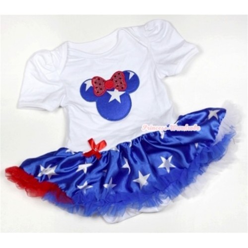 White Baby Jumpsuit Patriotic American Star Pettiskirt with Patriotic American Star Minnie Print JS455 