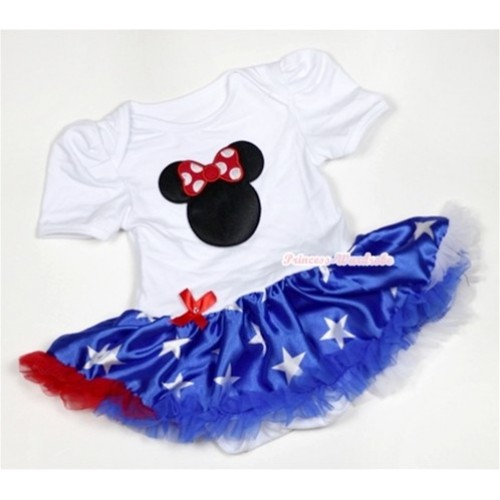 White Baby Jumpsuit Patriotic American Star Pettiskirt with Minnie Print JS456 