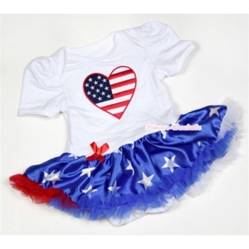 White Baby Jumpsuit Patriotic American Star Pettiskirt with Patriotic American Heart Print JS459 