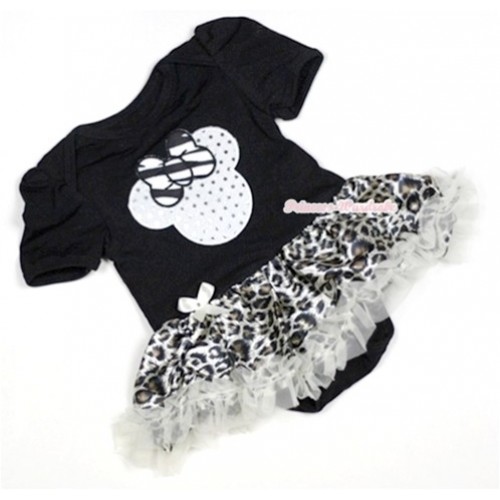 Black Baby Jumpsuit Cream White Leopard Pettiskirt with Sparkle White Minnie Print JS464 