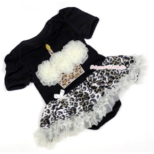 Black Baby Jumpsuit Cream White Leopard Pettiskirt with Cream White Rosettes Leopard Birthday Cake Print JS466 