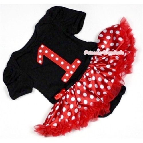 Black Baby Jumpsuit Minnie Dots Pettiskirt with 1st Red White Dots Birthday Number Print JS468 