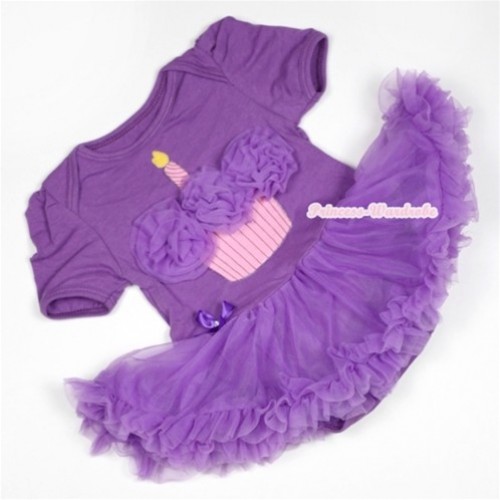 Dark Purple Baby Jumpsuit Dark Purple Pettiskirt with Dark Purple Rosettes Birthday Cake Print JS517 