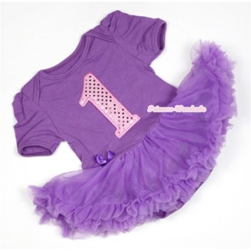 Dark Purple Baby Jumpsuit Dark Purple Pettiskirt with 1st Sparkle Light Pink Birthday Number Print JS518 