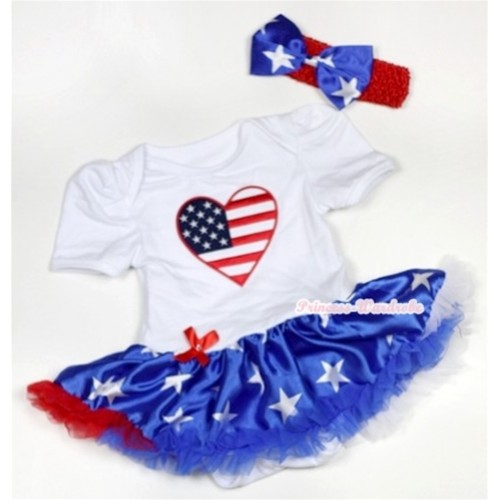 White Baby Jumpsuit Patriotic American Star Pettiskirt With Patriotic American Heart Print With Red Headband Patriotic American Star Satin Bow JS492 