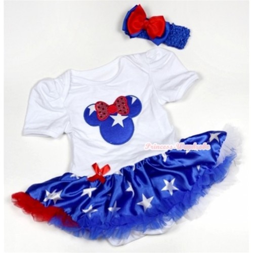 White Baby Jumpsuit Patriotic American Star Pettiskirt With Patriotic American Star Minnie Print With Royal Blue Headband Red Royal Blue Ribbon Bow JS496 