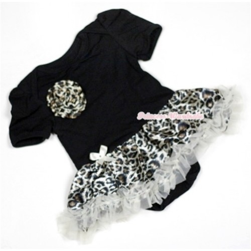 Black Baby Jumpsuit Cream White Leopard Pettiskirt with One Leopard Rose JS481 