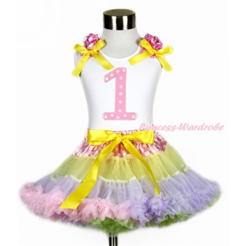 White Tank Top with Hot Pink White Dots Ruffles & Yellow Bow with 1st Light Pink White Dots Birthday Number Print & Hot Pink White Dots Waist Rainbow Yellow Lavender Light Pink Light Blue Pettiskirt MG1146 