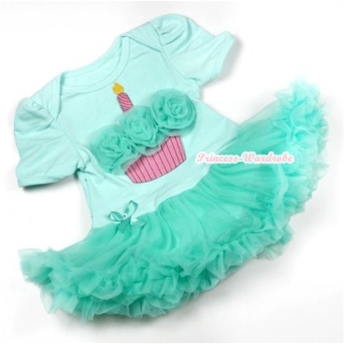 Aqua Blue Baby Jumpsuit Aqua Blue Pettiskirt with Aqua Blue Rosettes Birthday Cake Print JS540 