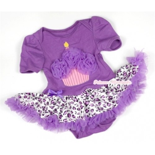 Dark Purple Baby Jumpsuit Dark Purple Leopard Pettiskirt with Dark Purple Birthday Cake Print JS563 