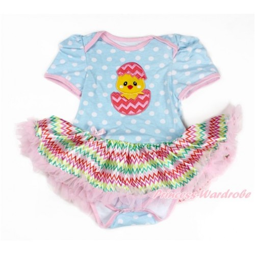 Easter Light Blue White Dots Baby Bodysuit Jumpsuit Rainbow Chevron Pettiskirt with Chick Egg Print JS3284 